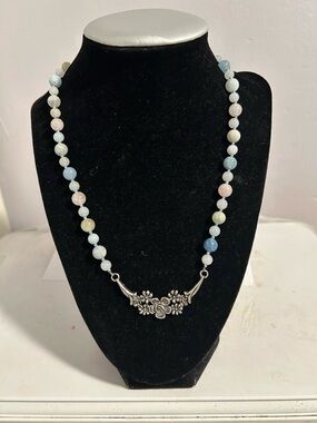 Women’s Pastel Morganite and Agate Beaded Necklace with Floral Silver- to Accent